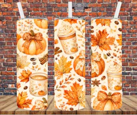 three tumblers with pumpkins and leaves on them